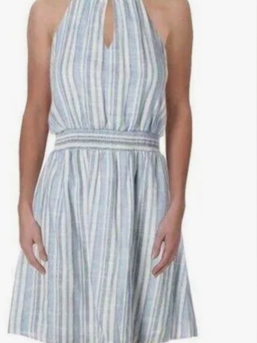 Aqua S blue/white striped halter dress. Keyhole front/ back Above knee length